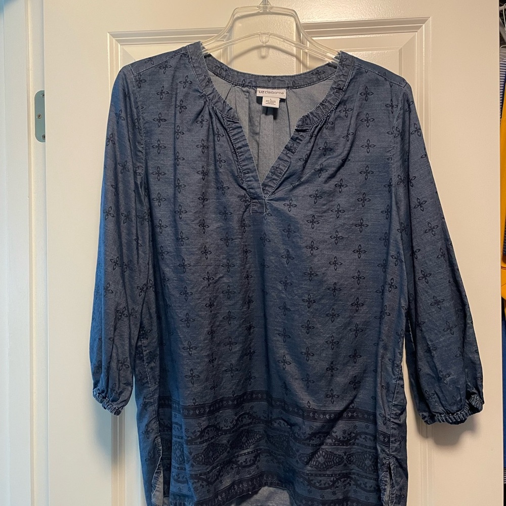 Liz Claiborne Blue Ruffled 3/4 Sleeve Tunic